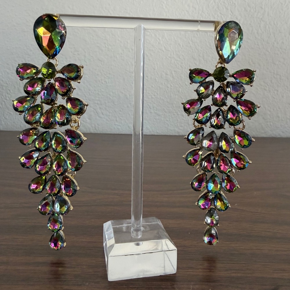 Chandelier Rhinestone Crystal Pageant Bridal Earrings AB Drop Dangle 4" Green - Picture 2 of 10